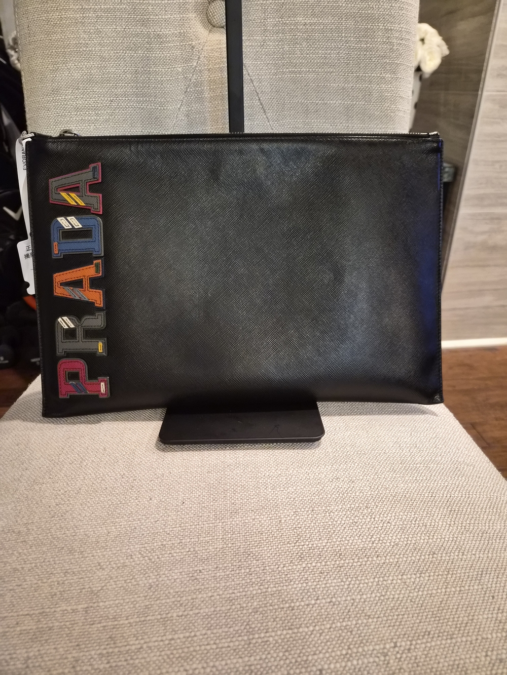 Prada Saffiano Character Zip Clutch Document Case Black Multicolor Logo Large